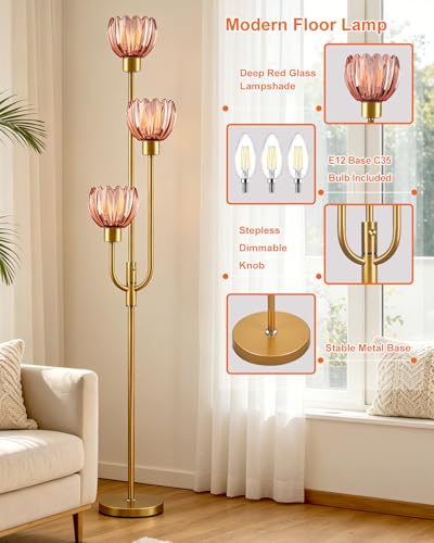 Image of 3-Lights Modern Glass Floor Lamp Gold Dimmable Floor Lamps with 3000K Warm White Bulbs for Wedding Party 66IN Tall Standing Lamp with Deep Red Glass Shade for Living Room /Bedroom /Girls Room