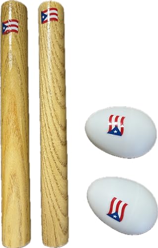 Hand Percussion Musical Instrument Set Puerto Rico Flag - Include: 1 Pair 8 Inch Rhythm Sticks Wood Claves and 1 Pair Egg Shakers (SHAKERS: WHITE)