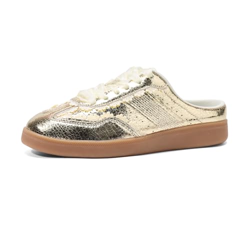 LUCKY STEP Womens Slip-On Backless Sneaker Mules Organza Ribbon Decorative Lace-Up Casual Retro Casual Shoes(7 M US Gold)