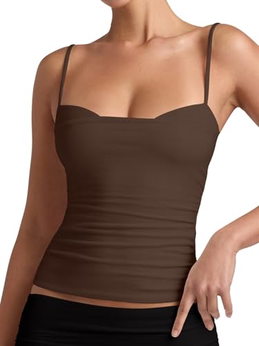 PINKMSTYLE Spaghetti Strap Tank Top for Women Double Layer Open Back Camisole Tops Sleeveless Fitted Cami Shirts Chocolate Brown Medium