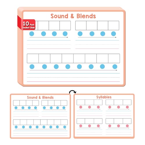 Lachilly 10 Pack Phonemic Awareness Sounds & Blends Writling Cards, Double-Side Dry Erase Board, Phonics English Syllables Teaching Resources for Primary School Supplies, 8.26x11.22 Inch