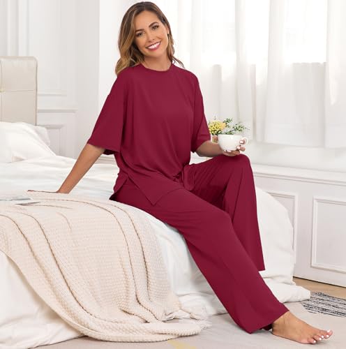 Image of PrinStory Womens Pajamas Sets 2 Piece Lounge Set Short Sleeve Tops and Long Pants Soft Pjs Loungewear with Pockets