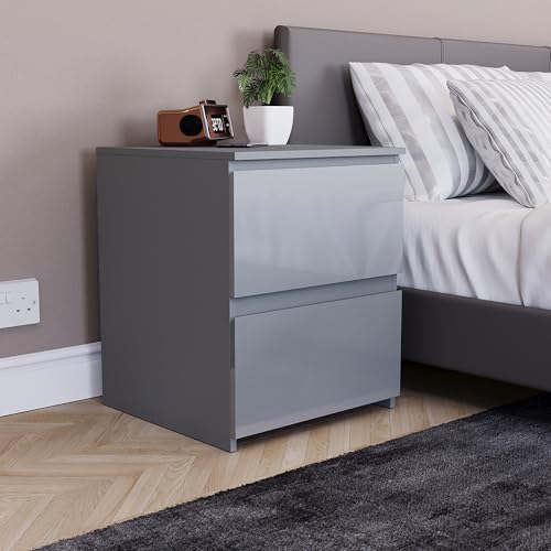 Vida Designs Table d'appoint avec 2 tiroirs – Meubles de chambre à coucher (gris – brillant)