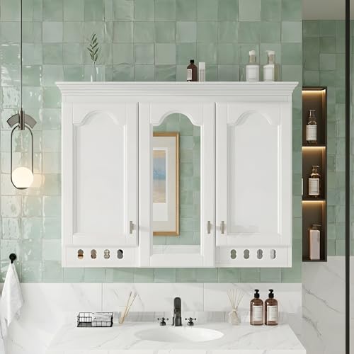 Armario de almacenamiento para baño Merax de 36" x 28", montado en pared, con espejo | Armario de medicamentos de estilo country para baño con puertas de cierre suave, estantes ajustables y armario sobre inodoro miniatura 1