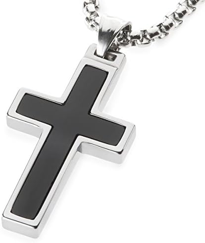 Unique GESTALT® Onyx Inlay Tungsten Cross Pendant. 4mm Wide Surgical Stainless Steel Box Chain. 26 Inch Length
