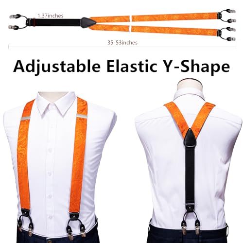Image of Barry.Wang Men Suspender Set with Necktie Elastic Y Type Heavy Duty 6 Clips Braces Tie Handkerchief Cufflink Pin 6PCS, Solid Light Orange Floral