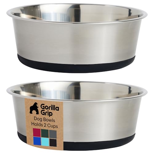GORILLA GRIP Dog Bowls, Holds 2 Cups Each (16 fl oz), Heavy Duty Stainless Steel Food and Water Bowl for Feeding Dogs and Cats, Dishwasher Safe, Rust Resistant, BPA Free Rubber Base, Set of 2 Black
