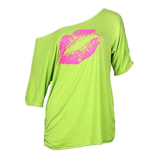Smile Fish Women Casual Oversized Sexy Lips Print Off Shoulder T-Shirt (S, Neon-Green)