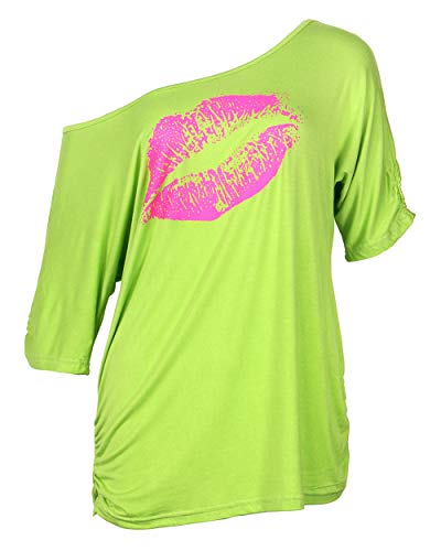 Smile Fish Women Casual Oversized Sexy Lips Print Off Shoulder T-Shirt (M Neon-Green)