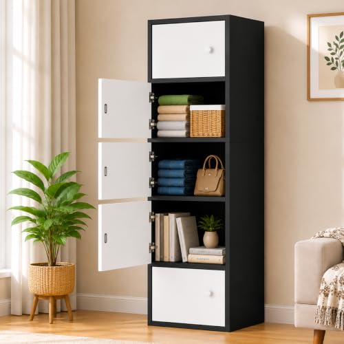 Image of 5-Door Morden Wooden Collapsible Wardrobe for Storage /Space Saving Wooden Wardrobe with Doors /Collpsible Storage Organiser /Living Room -Mapple (Black, 5 Layer)