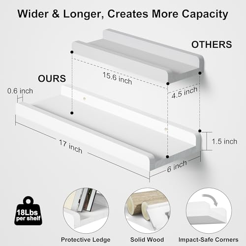 Love-KANKEI Floating Shelves Wall Mounted Set of 2, 17 Inch Rustic Wood Wall Shelves for Storage, Bedroom Living Room Bathroom Kitchen Office and More White