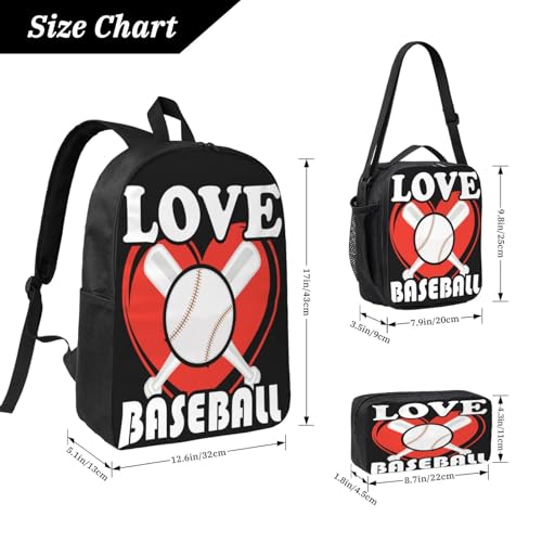 Love Baseball Bat 17 Inch Backpack Sets Lunch Bag Lightweight Daypack for Men Women 3Pcs2