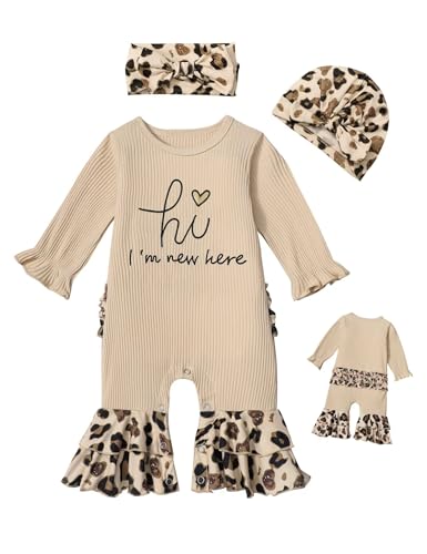 Image of AGAPENG Newborn Girl Clothes Ruffle Letter Print Romper Infant Bell Bottom Jumpsuit Boho Baby Girl Clothes with Headband Hat