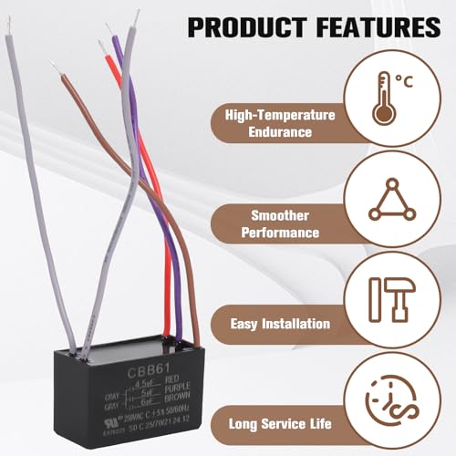 Image of Podoy Ceiling Fan Capacitor CBB61 5 Wire for Compatible with New Tech 4.5uf+5uf+6uf 250VAC (Pack of 2)