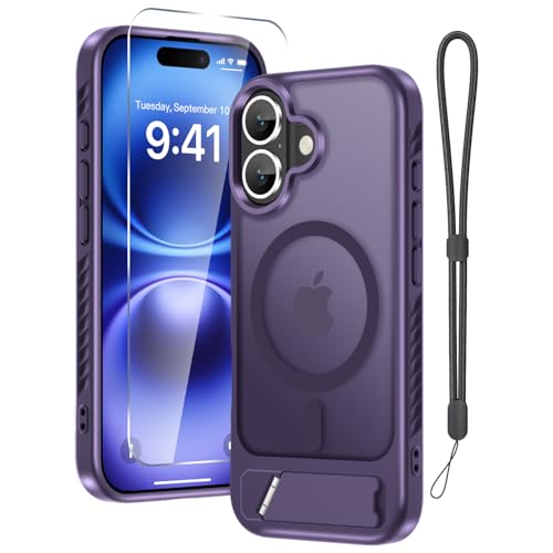 RMOCR Case for iPhone 17 Phone Cover with Screen Protector+Lanyard Wrist Strap,Magnetic Translucent Matte Rugged Slim PhoneCase Built in Invisible Kickstand [Fit for MagSafe],Purple