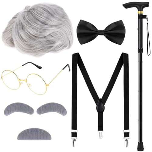 Yanbuny Old Man Costume Accessories Grandpa Costume with Grey Wig Mustache Eyebrows Cane Glasses Bow Tie Suspenders Cane (Style1)