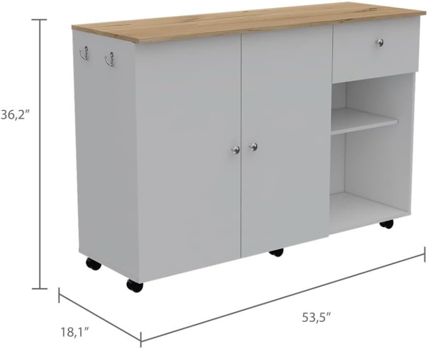 Tuhome Kitchen Island Cart Victoria with Four Interior Shelves, One Drawer, Double Door Cabinet, Six Casters for Easy Mobility, Ideal for Kitchens and Dining Rooms