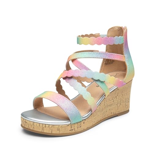 DREAM PAIRS Girls Wedge Sandals Flatform Open Toe Platform Sandals Flower Wedding Party for Little Kid/Big Kid 4 Big Kid Rainbow