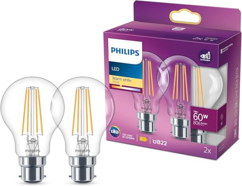 Philips LED Lampadina LED Goccia Filamento, 2 Pezzi, Equivalente a 60W, Attacco B22, Luce Bianca Calda