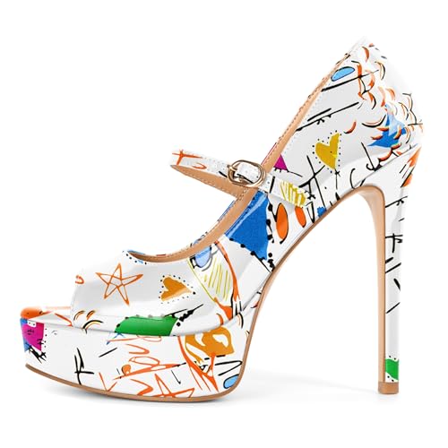Image of SAMMITOP Women's Peep Toe High Heels Platform Stiletto Pumps Patent Mary Jane Heels 5.5 inch Party Wedding Dress Shoes
