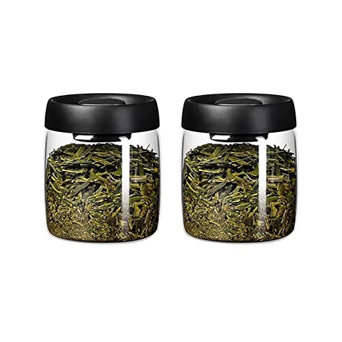 Tea Canister Clear Glass Tea Storage Containers Coffee Containers with Vacuuming Sealed Lid, Kitchen Glass Jar Serving Food Storage Canister for Tea Leaves, Powder, Spice, 2-piece Set Tea Caddy(Black,