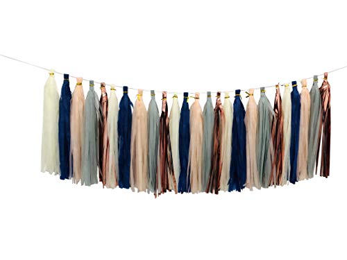 Tissue Paper Tassel DIY Party Garland Decor for All Events & Occasions - 25 Tassels Per Package (Navy Gray Beige Rose Gold Peach)
