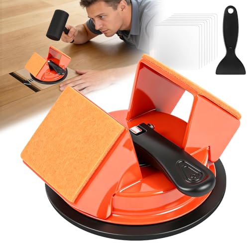Floor Gap Fixer Tool 45° Striking Surface, Flooring Tools with Iron &amp; Enhanced Suction Cup, 8pcs Sticky Pads &amp; Silicone Scraper for Laminate Vinyl Wood Plank Hardwood Floor Gap Repair (Orange)