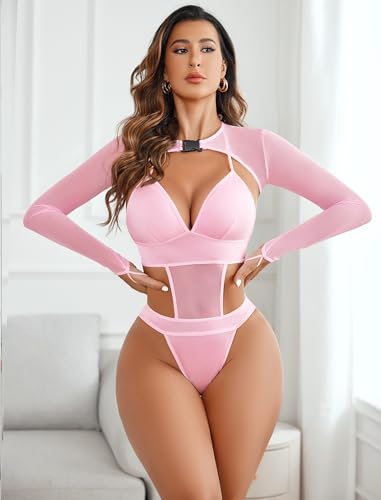 Image of Avidlove Rave Outfits for Women Festival Sexy Lingerie Bodysuit 2 Piece | Buckle shrug crop top halter bodysuit set, snap closure, breathable mesh, for concerts and club nights
