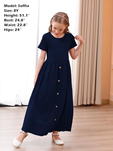GORLYA Girl’s Modest Simple Button Casual Loose Holiday Long Maxi Dress with Pockets for 4-14Y Kids4