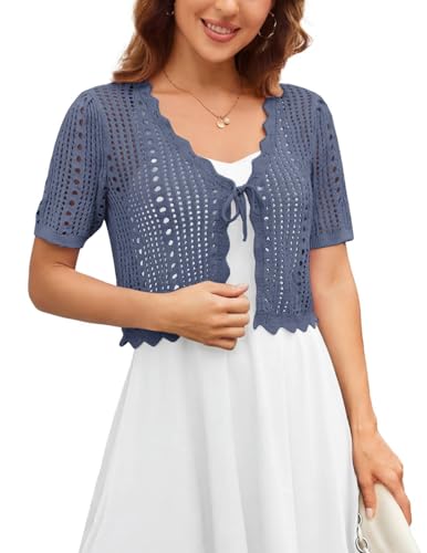 Image of Kate Kasin Women Crochet Shrug Knit Sweater, Short Sleeve Cropped Cardigan | Tie Front Tops Light Weight, Knit Cover Up Arm Bolero For Evening Dresses Dressy Casual, Ladies Eyelet Shawl Thin Formal