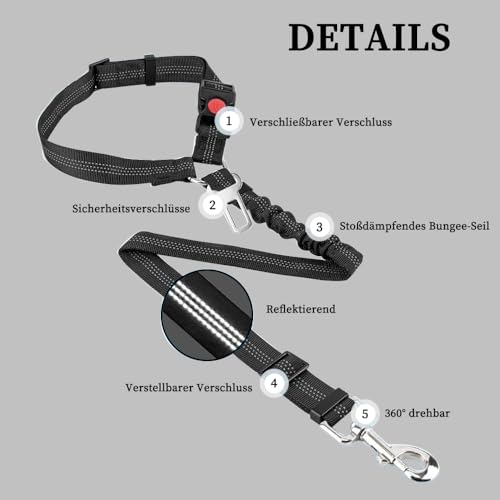 Viwind Hunde Autogeschirr, verstellbares 2-in-1-Design, reflektierende Streifen und stoßdämpfende Kordel. Universalschnalle passend für alle Hundegrößen und alle Automodelle. (Schwarz)