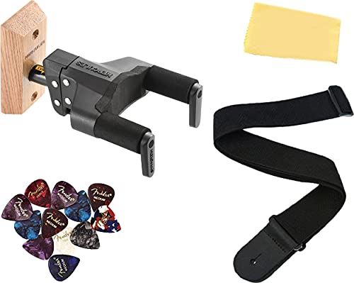 Hercules GSP38WB PLUS Auto Grip Guitar Hanger, Wood Base, Short Arm - 1 Pack Bundle with Strap, Picks, and Austin Bazaar Polishing Cloth