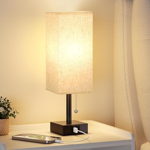 Clora Bedside Lamp with USB A+C Charging Ports, 3 Color Temperatures, Pull Chain Table Lamp with Square Linen Lampshade for Bedroom, Living Room, Office, LED Bulb Included (Beige)