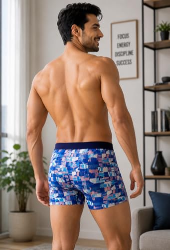 Image of BONO Men Cotton Blend Printed Trunk Combo Anti-Bacterial Moisture Wicking No Marks Stretchable Regular Fit Waistband Underwear Pack of 3 (Darkblue-Multicolor-TurquiseBlue-M)