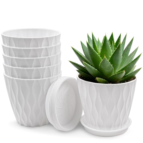 JJYHEHOT 6er Set Blumentöpfe, 10cm Pflanzentopf mit Untersetzer, Plastik Übertopf mit Mehrere Ablauflöchern, Blumentöpfe Set für Innen und Balkon Sukkulenten Kaktus, Weiß