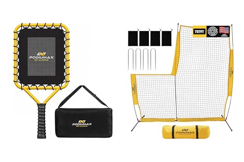 PodiuMax Baseball Racket for Fly Balls, 19 oz Balanced Fungo Racket, with Ergonomic Non-Slip Grip & Baseball Softball Pitching Screen, 7x7FT Pitcher Protection Net with Upgrade Frame