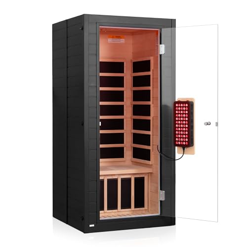 Infrared Sauna with Red Light Therapy, 1 Person Full Spectrum Sauna for Home, Indoor Canadian Hemlock Wood Dry Saunas Room with Bluetooth Speakers, 7 Color Therapy Lights, Rapid Heating One