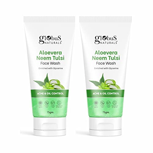 Image of Globus Naturals Aloe Vera Neem Tulsi Face Wash, Enriched With Glycerine, Fights Acne & Excess Oil, Deep Pore Cleansing, For Men & Women All Skin Types 75gms (Pack of 2)