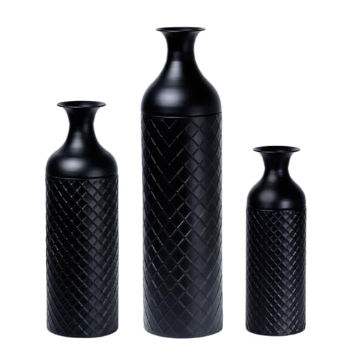 Tall Black Metal Floor Vases Set of 3 with Rhombus Lattice Pattern, Decorative Standing Vases with Detachable Lid for Pampas Grass, Branches & Home Corner Decor, Modern Farmhouse Style