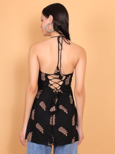 Image of FIMS - Fashion is my style Rayon Short Kurti for Women, Ethnic Printed, Black Sleeveless Kurtis, Summer Wear, Ideal Gift for Girls
