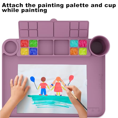 Image of Svartur Silicone Painting Mat with Cup and Palette Detachable, 17 inchX13 inch Thick Silicone Craft Mat with Raised Edge for Artist, Kids Painting Station Silicone Creator Mat, Purple