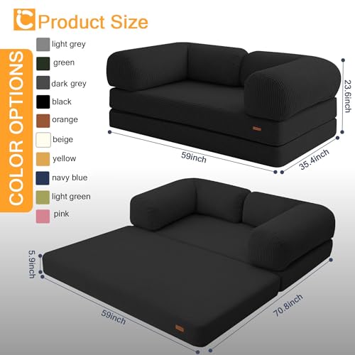 COMAX Folding Sofa Bed Queen, 4-in-1 Foldable Floor Couch Convertible Futon Sofa with Armrests Sleeper Mattress Chair Bed Comfy Portable Fold Out Lounge Guest for Living Room Bedroom, Black