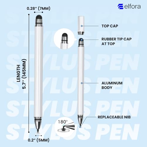 Image of Elfora 2 in 1 Universal Stylus Pen for iOS, Android & Windows | High Precision Capacitive Pen with Replaceable Nib | Lightweight Aluminum Body | Fine Point Disc Tip Touch Screen(White)