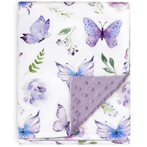 BORITAR Baby Blanket Purple Butterfly Double Layer Dotted Back 30 x 40 Inch