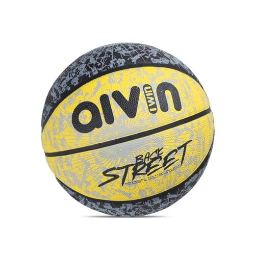 Image of Aivin Back Street Basketball, Rubberized Moulded Basketball Game, for Match, Training, Outdoor Ball, Durable for Practice, Suitable for All Surface, 8 Panel, Material-Rubber (Yellow /Black) Size 7