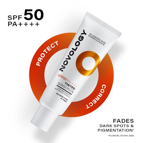 Image of Novology SPF 50 PA++++ Tinted Sunscreen for Pigmentation, Dark Spots and Acne Marks | Blends into Natural Finish | For All Skin Types | 50 g