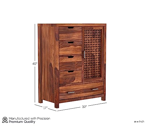 Image of Solid Sheesham Wood 5-Drawer Wooden Chest of Drawers with 2-Shelf Storage - Elegant and Spacious Dresser for Your Home (Honey Finish)