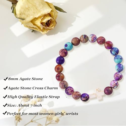 Image of Confirmation Gifts for Teenage Cross Charm Beaded Bracelet for Women /Men Relax Anxiety Jewelry Faith Gifts Catholic Sponsor Gift (Emperor Purple)