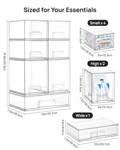 Image of Vtopmart Stackable Storage Drawers Set of 7, Clear Plastic Organizer Bins for Baby Bottle, Beauty Supplies Storage, Ideal for Kichen Countertop, Vanity, Bathroom, Cabinet, Pantry Organization
