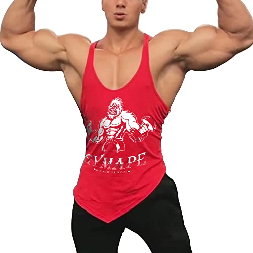 GYMAPE Men's Y-Back Bodybuilding Workout Stringer Tank Tops Muscle Sleeveless T Shirts with Incline Hem Color Red Size S
